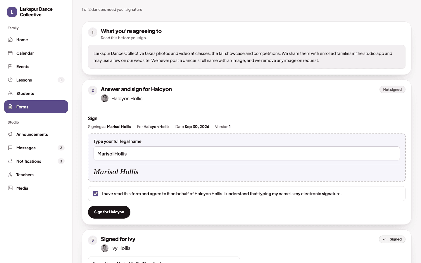 A parent signing a studio form with an e-signature