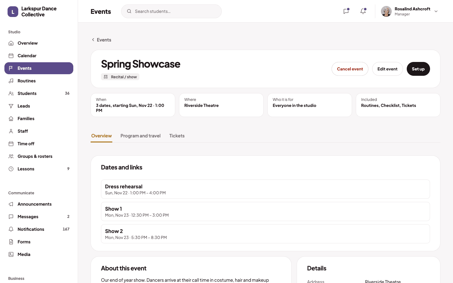 The Spring Showcase event page, with where and when