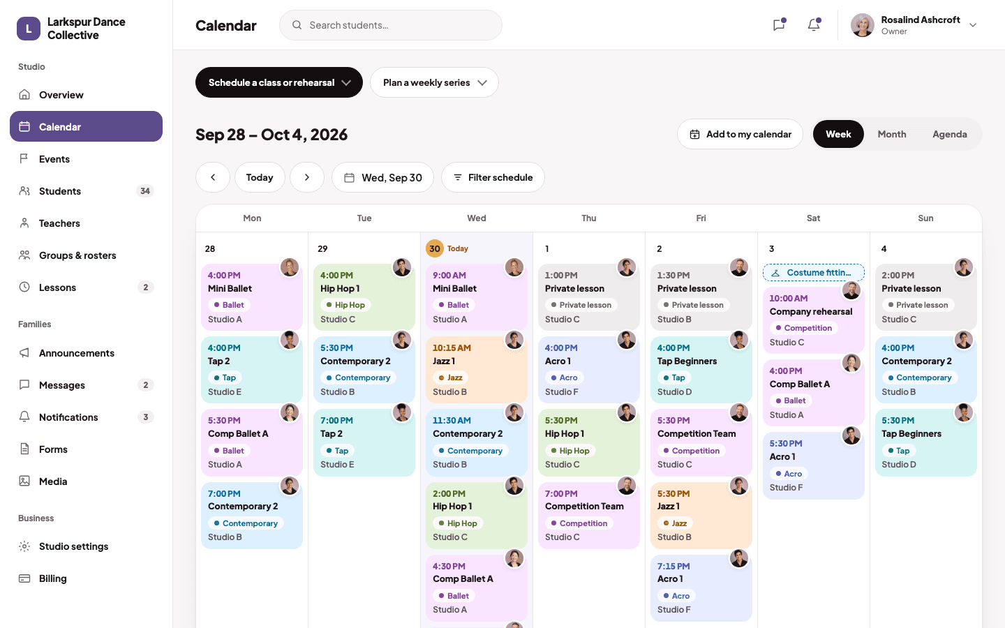 The weekly class schedule in DanceTide
